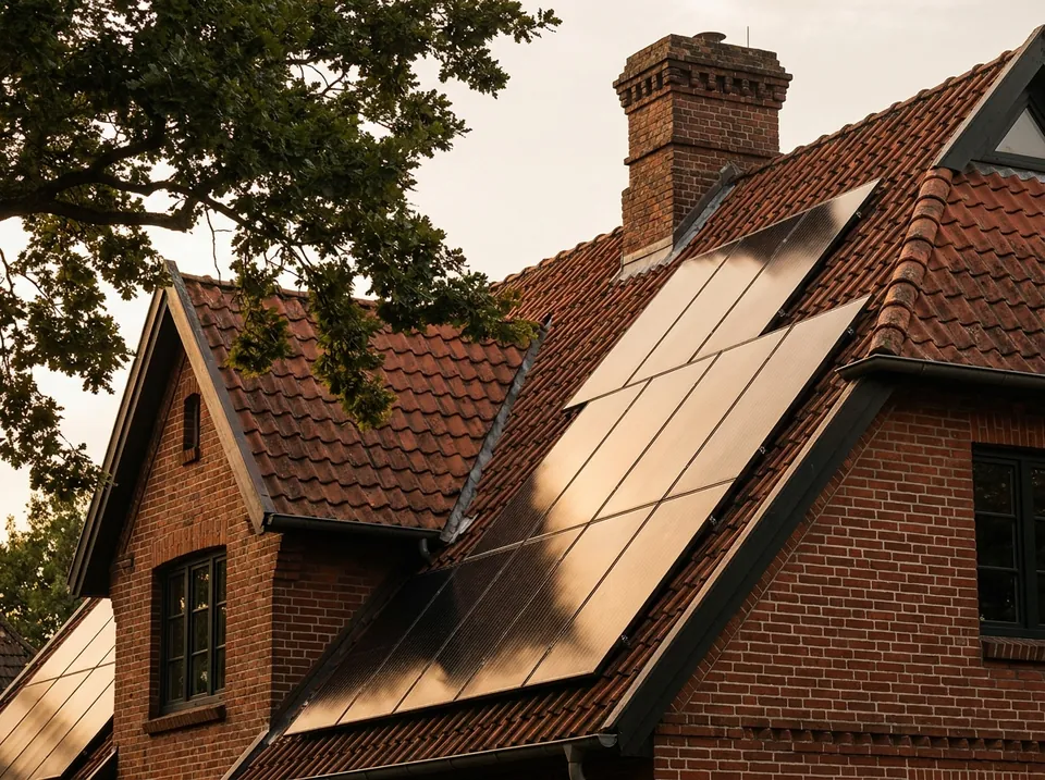 Solarpanels auf einem roten Ziegeldach eines Backsteinhauses in der Abendsonne, davor ein Eichenast