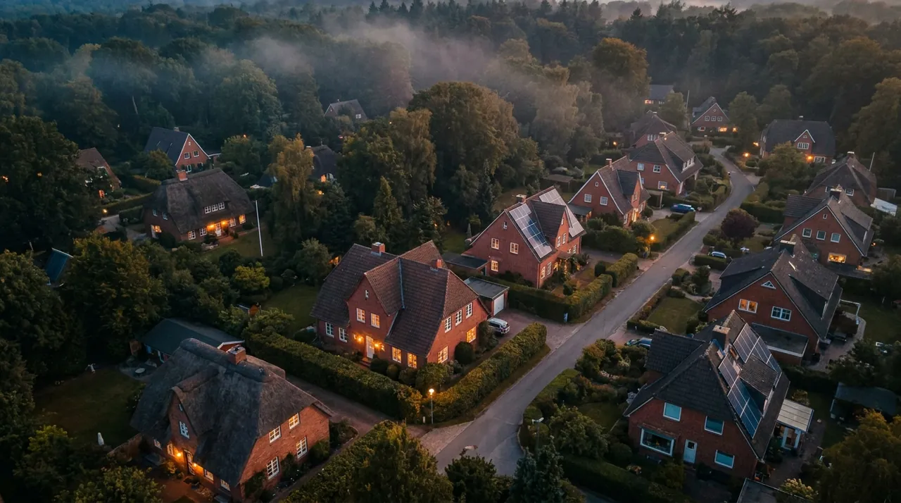 Die Walddörfer aus der Vogelperspektive zur blauen Stunde: warm erleuchtete Häuser zwischen Wald, einzelne Dächer mit Solarpanels