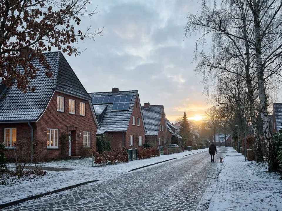 Verschneite Wohnstraße in den Walddörfern bei tiefstehender Wintersonne, Backsteinhäuser mit warm erleuchteten Fenstern